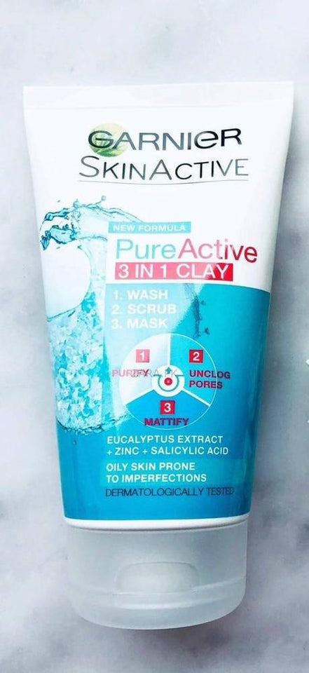 3 In 1 Garnier Skin Natural Pure Active Wash + Scrub + Mask 100ml
