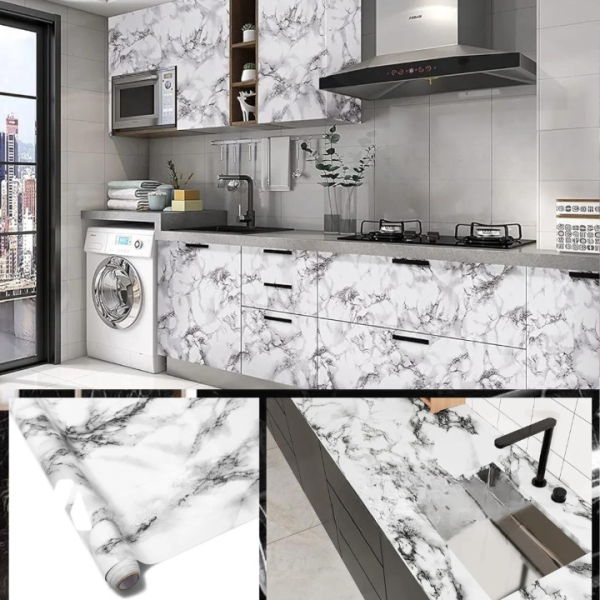 Self Adhesive White Marble Sheet Sticker For Kitchen, Cupboard, Wall –